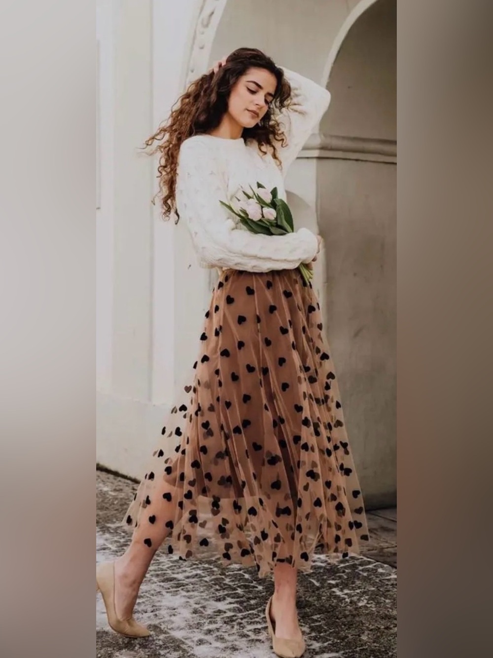NWT Chicwish Heart 3D Double Layered MIDI Skirt in Caramel Size Large